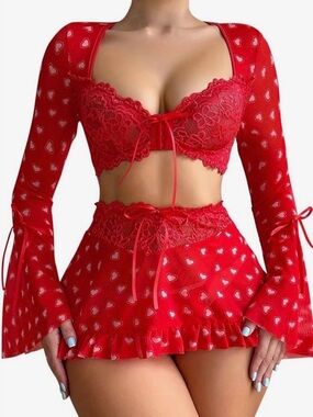 Red Lace Heart-Print Bralette & Skirt Lingerie Set. Size M
